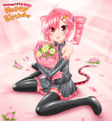 Rule 34 | 1girl, bare shoulders, belt, black shirt, black skirt, black sleeves, black thighhighs, bouquet, character name, commentary, curtains, detached sleeves, drill hair, flower, full body, hair tie, happy birthday, highres, holding, holding bouquet, kasane teto, kazu-chan, looking at viewer, lotus, miniskirt, open mouth, petals, pink flower, pleated skirt, red eyes, red hair, shiny clothes, shirt, short hair, shoulder tattoo, sitting, skirt, sleeveless, sleeveless shirt, smile, solo, tattoo, thighhighs, twin drills, utau, wariza, zettai ryouiki