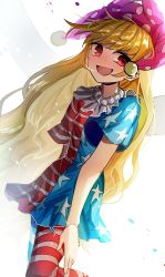 Rule 34 | 1girl, american flag dress, american flag legwear, bad id, bad twitter id, blonde hair, blush, clownpiece, cropped legs, fairy wings, hair between eyes, hat, highres, ichirugi, jester cap, long hair, looking to the side, neck ruff, open mouth, pantyhose, polka dot, red eyes, short sleeves, simple background, solo, touhou, white background, wings