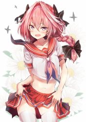 Rule 34 | 1boy, :d, astolfo (fate), astolfo (sailor paladin) (fate), bow, braid, clothes lift, crossdressing, fang, fate (series), flower, fuku kitsune (fuku fox), hair bow, hair intakes, highres, lifting own clothes, looking at viewer, male focus, midriff, navel, official alternate costume, open mouth, pink hair, pleated skirt, ponytail, purple eyes, school uniform, serafuku, short sleeves, single braid, skin fang, skindentation, skirt, skirt lift, smile, solo, thighhighs, trap