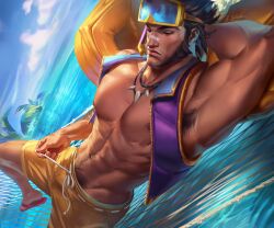 Rule 34 | 1boy, abs, absurdres, armpit hair, armpits, artist name, bandaid, bandaid on face, bandaid on nose, bara, bich hoan, black hair, closed eyes, cloud, day, facial hair, flip-flops, goggles, goggles on head, highres, jarvan iv (league of legends), jewelry, large pectorals, league of legends, lying, male focus, male swimwear, muscular, muscular male, navel, necklace, nipples, official alternate costume, on back, outdoors, pectorals, pool party jarvan iv, purple vest, sandals, short hair, sky, solo, vest, water, yellow male swimwear