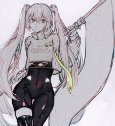 Rule 34 | 1girl, asymmetrical clothes, asymmetrical legwear, black bodysuit, black thighhighs, bodysuit, bodysuit under clothes, covered navel, crop top, crop top overhang, cropped jacket, female focus, flag, flagpole, goodsmile racing, hatsune miku, highres, holding, holding flag, jacket, licking lips, linea alba, long hair, long sleeves, looking to the side, monochrome, racing miku, racing miku (2022), single thighhigh, solo, strap, thigh gap, thighhighs, tongue, tongue out, twintails, very long hair, vocaloid, white background
