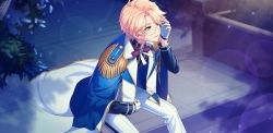 Rule 34 | 1boy, afterl!fe, blonde hair, formal, glasses, green eyes, highres, looking to the side, louis (afterl!fe), male focus, official art, open mouth, pants, phone, second-party source, short hair, sitting, smile, solo, suit, teeth