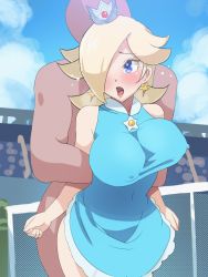 Rule 34 | 1boy, 1girl, animated, animated gif, armlock, bare legs, bare shoulders, bent over, blonde hair, blue eyes, blush, boris (noborhys), bouncing breasts, breasts, clothed female nude male, clothed sex, cloud, covered navel, crowd, crown, covered erect nipples, hetero, large breasts, mario (series), mario tennis, mario tennis: ultra smash, nintendo, nude, open mouth, outdoors, rosalina, sex, sky, sportswear, stadium, standing, super mario bros. 1, super mario galaxy, tennis court, tennis uniform, unaligned breasts, vaginal