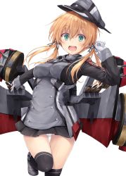 Rule 34 | 10s, 1girl, anchor hair ornament, black legwear, black skirt, blonde hair, gloves, green eyes, hair ornament, hat, kantai collection, leg up, long hair, looking at viewer, military, military uniform, open mouth, panties, peaked cap, pleated skirt, prinz eugen (kancolle), skirt, solo, suien, twintails, underwear, uniform, white background, white gloves, white panties