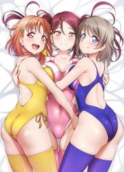 Rule 34 | 3girls, ahoge, ass, asymmetrical docking, blue eyes, blue one-piece swimsuit, blue thighhighs, braid, breast press, breasts, brown hair, clover hair ornament, commentary request, competition swimsuit, cowboy shot, hair ornament, highres, hug, large breasts, long hair, love live!, love live! sunshine!!, lying, mibushiro, multiple girls, one-piece swimsuit, open mouth, pink one-piece swimsuit, pink thighhighs, red hair, ribbon, sakurauchi riko, short hair, side-tie swimsuit, side braid, smile, swimsuit, symmetrical docking, takami chika, teeth, thighhighs, twintails, upper teeth only, watanabe you, yellow eyes, yellow one-piece swimsuit, yellow ribbon, yellow thighhighs