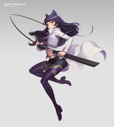 Rule 34 | 1girl, absurdres, animal ears, black hair, black pants, blake belladonna, boots, cat ears, character name, closed mouth, coat, combination weapon, copyright name, crop top, floating hair, full body, gambol shroud, grey background, highres, holding, holding sword, holding weapon, long hair, midriff, navel, open clothes, open coat, pants, pistol sword, purple footwear, rwby, sheath, solo, stomach, sword, thigh boots, thighhighs, unsheathing, uyalago, very long hair, weapon, white coat, yellow eyes