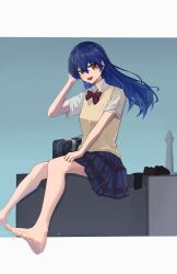 Rule 34 | 1girl, absurdres, barefoot, blue hair, bow, bowtie, highres, long hair, looking at viewer, love live!, m (cocoa3000), open mouth, otonokizaka school uniform, smile, solo, sonoda umi, yellow eyes
