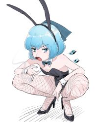 Rule 34 | 1girl, :o, animal ears, black footwear, black leotard, black pantyhose, blue bow, blue bowtie, blue eyes, blue hair, blue nails, bow, bowtie, breasts, cigarette, cirno, delinquent, detached collar, fishnet pantyhose, fishnets, frogsnake, full body, hair bow, hairband, highleg, highleg leotard, ice, ice wings, leotard, looking at viewer, nail polish, open mouth, pantyhose, playboy bunny, rabbit ears, short hair, simple background, small breasts, smoke, smoking, solo, spread legs, squatting, strapless, strapless leotard, teeth, touhou, traditional bowtie, upper teeth only, white background, wing collar, wings, wrist cuffs