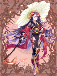 Rule 34 | 1girl, black hair, brown background, dairoku ryouhei, embers, full body, gradient hair, holding, holding sword, holding weapon, horns, japanese clothes, kimono, kinokiyono, looking at viewer, mole, mole under eye, multicolored hair, obi, oil-paper umbrella, okobo, oni horns, print kimono, red eyes, red horns, red nails, red scarf, sandals, sash, scarf, socks, standing, sword, umbrella, weapon, white socks