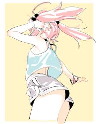 Rule 34 | 1girl, dolphin shorts, eds, female focus, hair bobbles, hair ornament, happy (eds), highres, original, pink hair, short shorts, shorts, solo, twintails, yellow background