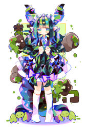 Rule 34 | 1girl, absurdres, bow, braid, brown dress, collared shirt, commentary, dress, expressionless, full body, green eyes, green hair, green necktie, green theme, hair bow, highres, holding, holding own hair, long hair, multicolored hair, necktie, no shoes, original, pinafore dress, pink bow, pointy ears, shirt, sleeveless, sleeveless dress, socks, solo, symbol-only commentary, twin braids, two-tone hair, uenomigi, white shirt, white socks
