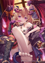 Rule 34 | 1girl, akkijin, armored boots, armpits, bare legs, bare shoulders, barefoot, black choker, boots, breasts, brown hair, candy, choker, collarbone, copyright notice, curtains, demon girl, demon horns, demon tail, demon wings, detached sleeves, feet, food, head tilt, head wings, highres, holding, horns, indoors, knee boots, knees up, lollipop, looking at viewer, medium breasts, official art, open mouth, panties, pouch, red eyes, red thighhighs, revealing clothes, shinkai no valkyrie, short hair, single boot, single thighhigh, sitting, smile, solo, striped clothes, striped thighhighs, succubus (shinkai no valkyrie), swirl lollipop, tail, thighhighs, thighs, underwear, white panties, window, wings