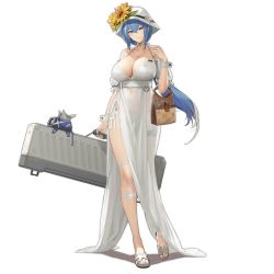 Rule 34 | 1girl, bag, bare shoulders, bikini, blue hair, blue nails, breasts, brown bag, camera phone, cleavage, closed mouth, collarbone, dinergate (girls&#039; frontline), dp-12 (girls&#039; frontline), dress, floor, flower hat, girls&#039; frontline, grey eyes, hand up, hat, highres, holding, holding bag, holding case, jewelry, large breasts, legs, long hair, looking at viewer, multicolored hair, nail polish, necklace, official art, pandea work, sandals, simple background, smile, solo, standing, summer, sun hat, swimsuit, toenails, transparent background, viewfinder, weapon case, white bikini, white dress, white hat