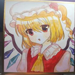 Rule 34 | 1girl, ascot, bingkuaihei, blonde hair, chinese commentary, commentary request, fang, flandre scarlet, frilled shirt collar, frills, hat, highres, mob cap, open mouth, painting (object), portrait, red eyes, red vest, shirt, short hair, side ponytail, smile, solo, touhou, vest, white hat, white shirt, wings, yellow ascot