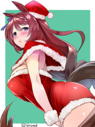 Rule 34 | 1girl, animal ears, blue eyes, blush, border, bow, brown hair, capelet, christmas, commentary request, dress, dress tug, ear ribbon, from side, frown, fur-trimmed dress, fur cuffs, fur trim, green background, half-closed eyes, hat, highres, horse ears, horse girl, horse tail, long hair, looking at viewer, looking back, magata001, microdress, outside border, parted lips, red capelet, red dress, red hat, santa hat, solo, standing, strapless, strapless dress, super creek (umamusume), tail, takase muh, twitter username, umamusume, white border