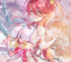 Rule 34 | 1girl, bare shoulders, breasts, cherry blossom print, closed mouth, detached sleeves, floral print, green eyes, hair between eyes, hair ornament, hairclip, highres, hololive, japanese clothes, large breasts, miko, oimo 0imo, paw print, paw print pattern, pink hair, sakura miko, sakura miko (1st costume), sideboob, smile, solo, v, virtual youtuber, x hair ornament