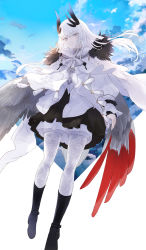 Rule 34 | 1girl, black footwear, black skirt, boots, cape, day, full body, fur trim, grey eyes, highres, kachi, knee boots, liv (pixiv fantasia last saga), long hair, long sleeves, looking at viewer, outdoors, pantyhose, pixiv fantasia, pixiv fantasia last saga, skirt, solo, standing, white cape, white hair, white pantyhose, wings