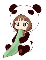 Rule 34 | 1girl, amami haruka, animal costume, aqua eyes, brown hair, chibi, eating, hiboshi daizu, idolmaster, idolmaster (classic), panda, panda costume, ribbon, simple background, sitting, solo