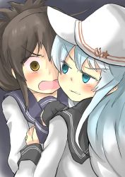 Rule 34 | 10s, 2girls, alternate hair color, aqua eyes, black gloves, blue hair, brown eyes, commentary request, eyebrows, flat cap, folded ponytail, gaoo (frpjx283), gloves, hammer and sickle, hat, hibiki (kancolle), highres, inazuma (kancolle), kantai collection, multiple girls, open mouth, plasma-chan (kancolle), school uniform, serafuku, star (symbol), verniy (kancolle)