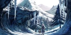 Rule 34 | 1girl, animal, dog, hair over one eye, ichina (osabakitina), icicle, landscape, long hair, looking at viewer, mountain, original, scenery, snow, standing, tree