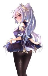 Rule 34 | 1girl, absurdres, artist request, ass, bare shoulders, blush, breasts, clothes lift, dress, embarrassed, from behind, genshin impact, hair ornament, highres, keqing (genshin impact), long hair, looking at viewer, looking back, open mouth, pantyhose, purple hair, red eyes, shiny clothes, short dress, sideboob, skirt, skirt hold, skirt lift, solo, twintails, very long hair