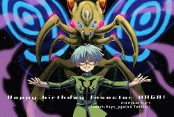 Rule 34 | 1boy, antenna hair, artist name, bowl cut, character name, clenched teeth, dated, duel monster, glasses, green tunic, grey eyes, insector haga, long sleeves, looking at viewer, male focus, mixed-language commentary, no pupils, outstretched arms, perfectly ultimate great moth, short hair, smile, soya (sys ygo), teeth, yu-gi-oh!, yu-gi-oh! duel monsters