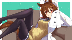 Rule 34 | 1girl, absurdres, agnes tachyon (umamusume), ahoge, black necktie, black pantyhose, black shirt, brown hair, chemical structure, collared shirt, commentary request, couch, crossed legs, earrings, empty eyes, feet out of frame, highres, horse girl, jewelry, lab coat, looking at viewer, lying, messy hair, necktie, on couch, pantyhose, partial commentary, red eyes, shiba (zudha), shirt, short hair, single earring, sleeves past fingers, sleeves past wrists, smile, solo, sweater, sweater vest, umamusume, yellow sweater