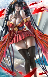 Rule 34 | 1girl, absurdres, aircraft, airplane, azur lane, black hair, breasts, charlielena, cleavage, cloud, collarbone, crossed bangs, female focus, flight deck, hair ornament, hand fan, highres, japanese clothes, kimono, large breasts, long hair, looking at viewer, ocean, outdoors, panti, red kimono, solo, taihou (azur lane), thighhighs, twintails