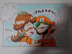 Rule 34 | 1boy, 1girl, annoyed, breasts, brown hair, comic, crown, earrings, face-to-face, facial hair, flower earrings, gloves, hat, highres, jewelry, luigi, mario (series), mario strikers: battle league, mustache, nintendo, open mouth, princess daisy, speech bubble, standing, tears, translation request