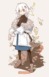 Rule 34 | 1girl, adjusting clothes, ankle boots, antenna hair, autumn, autumn leaves, beige background, belt, black belt, black leggings, black sweater, blue skirt, blush, boots, braid, branch, brown footwear, character name, closed mouth, clothes down, coat, english text, falling leaves, food-themed hair ornament, full body, fur-trimmed coat, fur trim, hair between eyes, hair ornament, hair over shoulder, hairclip, hand up, high-waist skirt, leaf, leggings, legs apart, long hair, long sleeves, looking at viewer, low twintails, medium skirt, melanbread, mushroom, mushroom hair ornament, no nose, open clothes, open coat, original, outdoors, outstretched arm, patch, puffy long sleeves, puffy sleeves, red eyes, roots, shirt tucked in, shoelaces, skirt, sleeve cuffs, smile, snail, solo, standing, sweater, tareme, taro (melanbread), tree stump, turtleneck, turtleneck sweater, twin braids, twintails, white coat, white hair