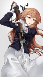 Rule 34 | 1girl, bayonet, blue jacket, bolt action, dress, girls&#039; frontline, gloves, green eyes, gun, highres, jacket, light brown hair, long hair, looking at viewer, m1903 springfield, nakiusagi, parted lips, rifle, simple background, solo, springfield (girls&#039; frontline), stab, very long hair, weapon, white background, white dress, white gloves