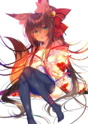 Rule 34 | 1girl, animal ear fluff, animal ears, bell, black thighhighs, blush, bow, brown hair, commentary request, fang, fingernails, floral print, fox ears, fox girl, fox tail, green eyes, hair bell, hair between eyes, hair bow, hair ornament, head tilt, highres, japanese clothes, jingle bell, kimono, long hair, long sleeves, looking at viewer, monaka natsume, no shoes, off shoulder, original, parted lips, print kimono, red bow, ribbon-trimmed legwear, ribbon trim, short kimono, simple background, sitting, solo, tail, tail raised, tan, thighhighs, very long hair, white background, white kimono, wide sleeves