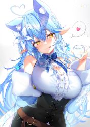 Rule 34 | 1girl, :p, ahoge, animal ear fluff, animal ears, belt, black corset, blue bow, blue bowtie, blue coat, blue hair, blue nails, bow, bowtie, braid, breasts, brown belt, cat ears, center frills, cleavage cutout, clothing cutout, coat, collared shirt, corset, cup, earrings, flower, french braid, frills, fur-trimmed coat, fur trim, hair flower, hair ornament, half updo, heart, heart ahoge, highres, holding, holding cup, hololive, jewelry, large breasts, leaning to the side, long hair, looking at viewer, multicolored hair, nail polish, off shoulder, plaid, plaid bow, plaid bowtie, plaid neckwear, pointy ears, shirt, simple background, snowflake earrings, snowflake print, solo, spoken heart, streaked hair, teltelhousi, tongue, tongue out, twitter username, underbust, upper body, virtual youtuber, white background, white flower, white shirt, yellow eyes, yukihana lamy