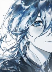 Rule 34 | 1boy, artist name, blue theme, blush, commentary, eyelashes, genshin impact, hair between eyes, kaveh (genshin impact), liquid hair, looking at viewer, male focus, monochrome, portrait, simple background, solo, symbol-only commentary, water, yuelight