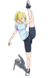 Rule 34 | 1girl, ayase eli, bike shorts, blonde hair, blue eyes, breasts, closed mouth, commentary, highres, leg lift, long hair, love live!, love live! school idol project, medium breasts, ponytail, simple background, solo, split, standing, standing on one leg, standing split, turiganesou800, white background