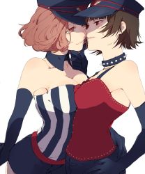 Rule 34 | 10s, 2girls, arm around waist, bad id, bad twitter id, bare shoulders, black detached collar, black gloves, blush, breast press, breasts, brown eyes, brown hair, cleavage, closed mouth, collar, couple, detached collar, elbow gloves, eye contact, female focus, gloves, grabbing another&#039;s chin, hand on own ass, hat, highres, imminent kiss, large breasts, looking at another, matching hair/eyes, medium breasts, multiple girls, neck, niijima makoto, okumura haru, p5 koumei, parted lips, persona, persona 5, persona 5: dancing star night, persona dancing, red eyes, short hair, smile, spiked collar, spikes, strapless, symmetrical docking, upper body, yuri
