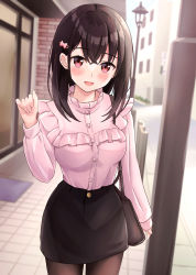 Rule 34 | 1girl, :d, bag, black hair, black skirt, blush, bow, breasts, brick wall, brown pantyhose, commentary request, day, hair between eyes, hair bow, hair ornament, hairclip, hand up, highres, lamppost, long sleeves, looking at viewer, medium breasts, open mouth, original, outdoors, pantyhose, pink bow, pink shirt, red eyes, shirt, shoulder bag, skirt, smile, solo, standing, yukimaru217