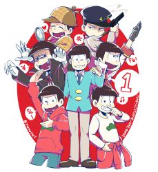 Rule 34 | 10s, 6+boys, alternate costume, anger vein, arm up, bad id, bad twitter id, bowl cut, brown hair, capelet, cigar, clothes around waist, costume, deerstalker, detective, f6 (osomatsu-san), fang, fangs, formal, gloves, gun, hat, heart, heart in mouth, hood, hoodie, index finger raised, jacket, jacket around waist, jumpsuit, long sleeves, male focus, matsuno osomatsu, mone (14ri0000), multiple boys, multiple persona, musical note, one eye closed, osomatsu-kun, osomatsu-san, osomatsu (series), peaked cap, police, police uniform, shaded face, sheeeh!, smile, spoken anger vein, spoken heart, spoken musical note, suit, twitter username, uniform, vampire costume, weapon, white gloves, wiping nose