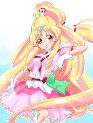 Rule 34 | 10s, aged up, blonde hair, boots, brooch, choker, commentary request, cure tomorrow, earrings, florence temporary, gloves, heart, heart brooch, highres, hug-tan (precure), hugtto! precure, jewelry, long hair, ponytail, precure, red eyes, ribbon, scrunchie, solo, tiara