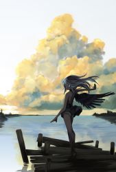 Rule 34 | 1girl, bare shoulders, barefoot, black wings, blue eyes, clothes lift, cloud, day, dock, dress, dress lift, glowing, glowing eyes, highres, long hair, looking back, original, outstretched arm, pier, scar, silver hair, single wing, sky, solo, tiptoes, water, wind, wind lift, wings, yunar