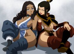 2girls avatar:_the_last_airbender avatar_legends azula black_eyes black_hair blue_eyes breasts closed_mouth covered_erect_nipples dark-skinned_female dark_skin female_focus inker_comics katara large_breasts long_hair multiple_girls ponytail