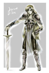 Rule 34 | 1girl, adk, armor, blonde hair, blue eyes, breastplate, full body, grey background, holding, holding sword, holding weapon, janne d&#039;arc, knight, leather, leather pants, long hair, name tag, pants, penzoom, self-upload, shiny clothes, skin tight, skirt, snk, solo, sword, weapon, world heroes