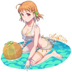 Rule 34 | 1girl, ahoge, ball, beachball, bikini, breasts, cleavage, large breasts, looking at viewer, love live!, love live! sunshine!!, multicolored bikini, multicolored clothes, orange hair, pout, red eyes, swimsuit, takami chika, waste-man, water