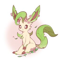 Rule 34 | creatures (company), flower, game freak, gen 4 pokemon, leaf, leafeon, liteee, looking at viewer, nintendo, no humans, pink flower, pokemon, pokemon (creature), simple background, sitting, solo, white background