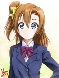Rule 34 | 10s, 1girl, artist name, blazer, blue eyes, bow, bowtie, brown hair, dated, eyelashes, hair between eyes, hair bow, highres, jacket, kem kem, kosaka honoka, long sleeves, looking at viewer, love live!, love live! school idol project, one side up, orange hair, red bow, red bowtie, school uniform, short hair, side ponytail, smile, solo, striped bow, striped bowtie, striped clothes, striped neckwear, upper body, yellow bow, yellow bowtie