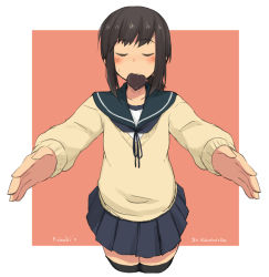 Rule 34 | 1girl, adapted costume, beige sweater, black hair, black thighhighs, blue sailor collar, blue skirt, border, candy, chocolate, chocolate heart, cowboy shot, cropped legs, closed eyes, facing viewer, food, fubuki (kancolle), heart, kantai collection, kugui kiyunemu, long hair, low ponytail, outstretched arms, pleated skirt, ponytail, red background, sailor collar, school uniform, serafuku, short ponytail, sidelocks, skirt, solo, thighhighs, two-tone background, white border