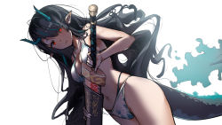 Rule 34 | 1girl, arknights, bare arms, bare shoulders, bikini, black hair, blue fire, blue hair, breasts, cleavage, closed mouth, commentary request, dragon girl, dragon horns, dragon tail, dusk (arknights), dutch angle, fire, hellnyaa, highres, holding, holding sword, holding weapon, horns, long hair, looking at viewer, medium breasts, multicolored hair, navel, pointy ears, red eyes, sheath, simple background, solo, streaked hair, swimsuit, sword, tail, thighs, two-tone hair, unsheathing, very long hair, weapon, white background, white bikini
