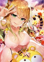 Rule 34 | 1girl, :q, absurdres, animal ears, armpits, bare legs, bare shoulders, barefoot, bikini tan, blonde hair, blurry, blush, breasts, cat ears, cat tail, day, depth of field, flower, flower bracelet, gradient hair, green eyes, green hair, hibiscus, highres, kotora (toranoana), large breasts, long hair, looking at viewer, multicolored hair, multicolored nails, nail polish, naughty face, nipples, outdoors, puffy nipples, redrop, scan, smile, solo, sparkle, suggestive fluid, sunlight, tail, tan, tanline, tiger ears, tiger tail, tongue, tongue out, toranoana, v, wet