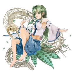 Rule 34 | 1girl, animal, armpits, barefoot, crop top, crop top overhang, detached sleeves, frog hair ornament, full body, green hair, hair ornament, hair tubes, highres, japanese clothes, kochiya sanae, leaf, long hair, long sleeves, looking at viewer, miko, ofuda, open mouth, radiosity (yousei), simple background, skeleton, skirt, smile, snake, solo, touhou, white background, wide sleeves