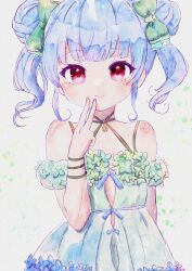 Rule 34 | 1girl, absurdres, arm at side, bare shoulders, blue hair, blush, bow, closed mouth, cowboy shot, double bun, dress, flat chest, green bow, green dress, hair bow, hair bun, hand up, highres, hyodou shizuku, idoly pride, jewelry, long bangs, nononooon, off-shoulder dress, off shoulder, painting (medium), pendant, raised eyebrows, red eyes, short twintails, sidelocks, simple background, smile, solo, traditional media, twintails, v, watercolor (medium), white background